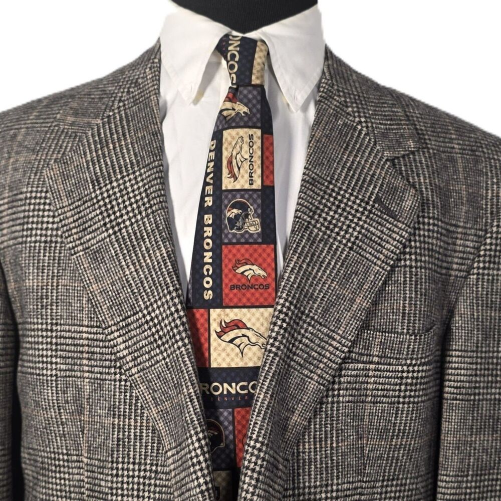 VTG NFL Denver Broncos Tie Blue Orange Patchwork Logo 100% Silk Necktie Korea